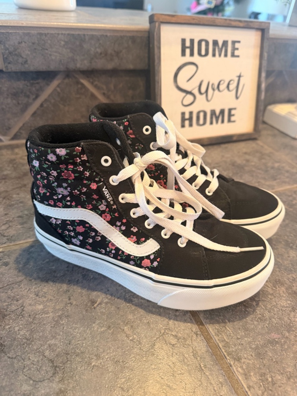 Vans Black Sneakers with Pink Floral Print and White Stripe